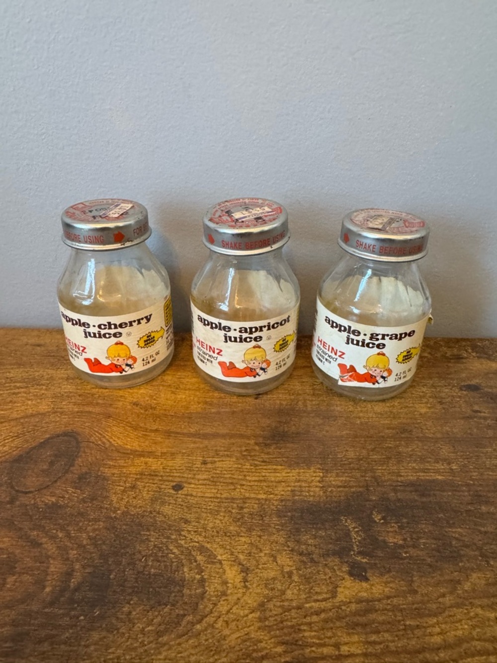 Heinz Vintage Baby‎ Juice Glass Bottles Set 3 Apple Cherry Apricot Grape